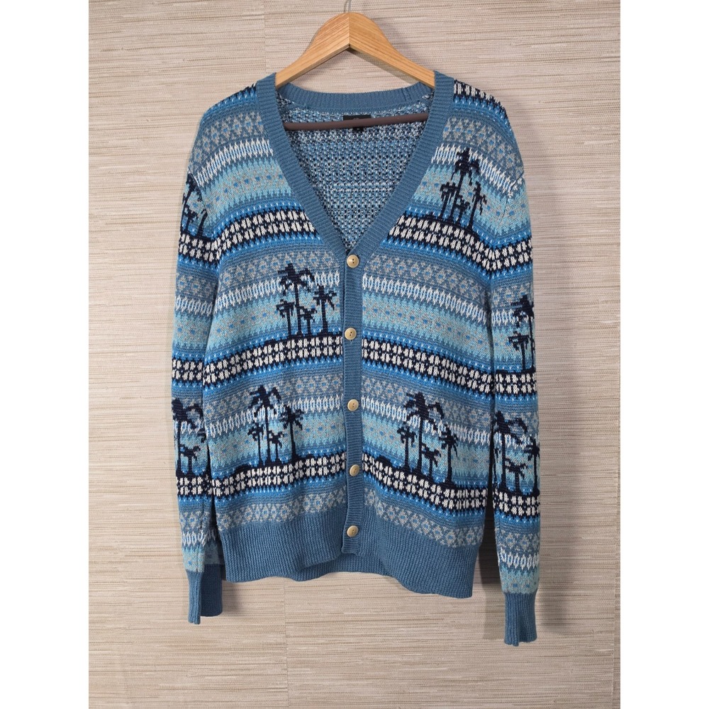 J.Crew Palm Tree Fair Isle Cardigan Sweater Mens Medium Blue Linen Blend Knit